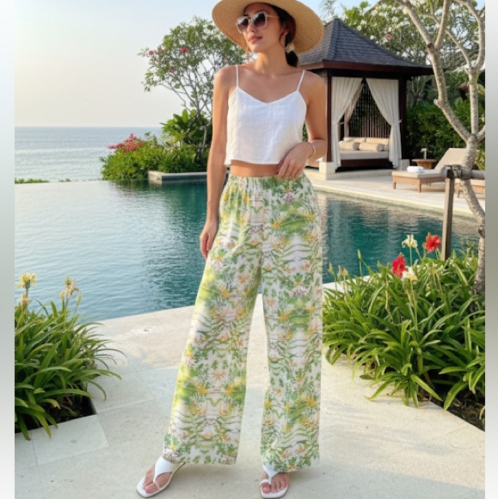 Dalia Collection Floral Green Wide-Leg Rayon Pants - Size 2 - EUC